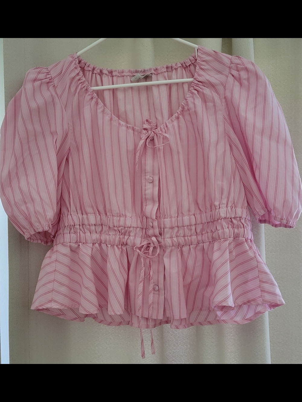 Pink Striped Peasant Blouse with Ruffle Hem